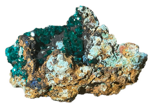 Dioptase and azurite on motherstone limonite - Gatanga, Congo